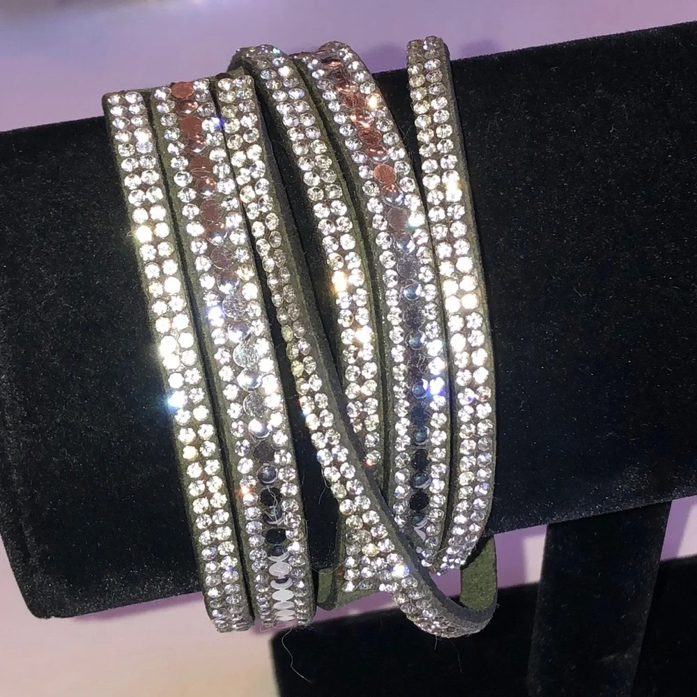 Green Crystal Rhinestone Boho Wrap Bracelet - Silver Sparkle